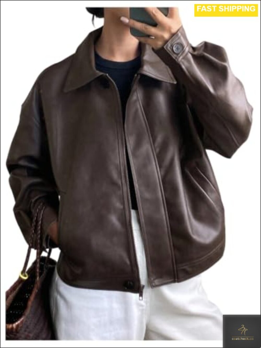 Women's Faux Leather Oversized Bomber Jacket Zip Up Motorcycle Coat